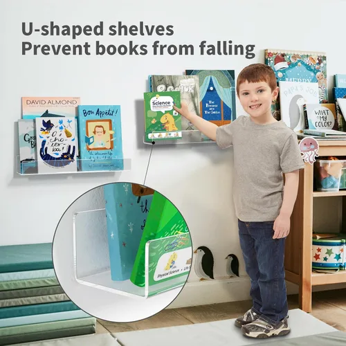 Vista 4 de NIUBEE Estanterías flotantes de acrílico de 16.5 pulgadas, paquete de 2, estantes de pared modernos transparentes para niños/niños, estantes