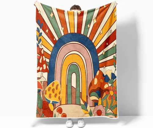 Vista 4 de Manta retro de los años 70 con diseño de hongos florales de mediados de siglo, manta de franela suave, ligera, regalos de felpa para mujeres