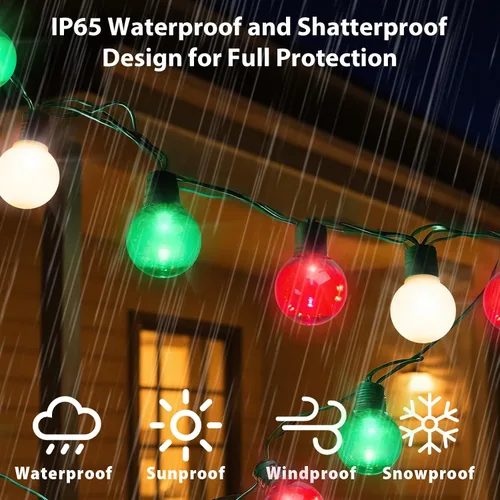 Vista 4 de 100 luces LED de 50 pies de globo de Navidad para exteriores, luces redondas G30 de Navidad pequeñas, conectables impermeables, para patio, aleros