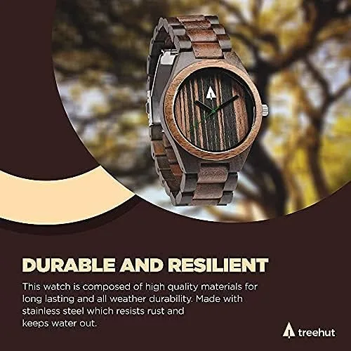 Vista 5 de treehut Reloj de madera para hombre con correa de madera ajustable y hebilla de acero inoxidable, reloj analógico de cuarzo japonés con caja