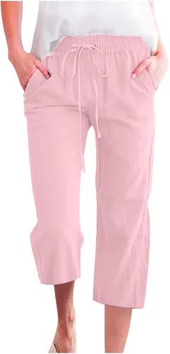 Vista 30 de Ceboyel Pantalones capri para mujer para verano, cintura elástica, pantalones de yoga, con cordón, pantalones de lino, pantalones de entrenamiento