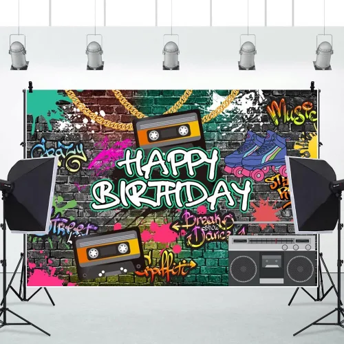 Vista 6 de AOFOTO Telón de fondo de feliz cumpleaños de los años 80 y 90, de 5 x 3 pies, tema de regreso a los 80, 90, hip-hop, rock, fondo de cumpleaños