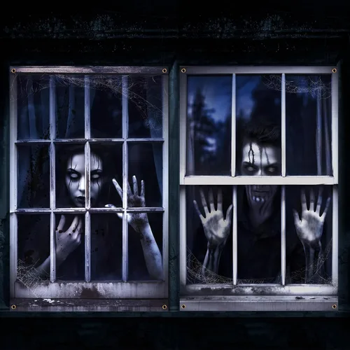 Vista 9 de Newwiee - 2 cortinas de Halloween aterradoras con silueta para ventana, decoración, póster temático para interiores y exteriores, fiestas, paredes