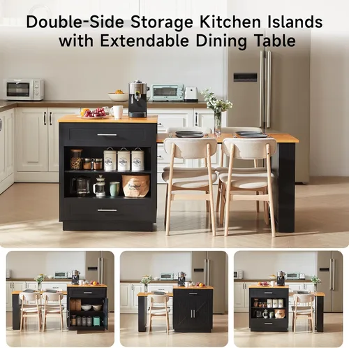 Vista 4 de ONBRILL Islas de cocina de 76 pulgadas con mesa de comedor extensible, mesa de isla para 2-4 personas con almacenamiento de doble lado, carrito