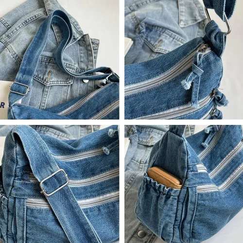 Vista 5 de Bolso de hombro grande retro para mujer de lona de denim, bolso cruzado de denim, bolso ligero informal, bolso de mano con asa superior