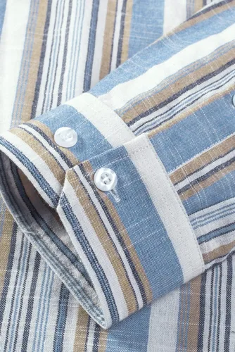 Vista 8 de JMIERR Camisas de algodón para hombre, camisa de vestir a rayas con botones y manga larga