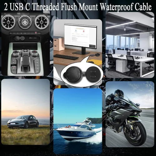 Vista 5 de QIANRENON 2 USB C roscado montaje empotrado cable impermeable doble USB C 2.0 macho a hembra montaje en tablero de coche cable de extensión