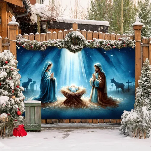 Vista 8 de BlissYard Fondo de Escena de la Natividad 71x43 Pulgadas Pancarta de la Escena del Pesebre de la Noche Santa Telón de Fondo Religioso Cristiano