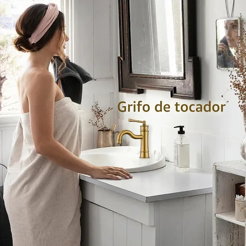 Vista 2 de Grifo romano para lavabo de baño dorado cepillado de un solo agujero, montaje en cubierta, conjunto de drenaje desplegable con placa de cubierta