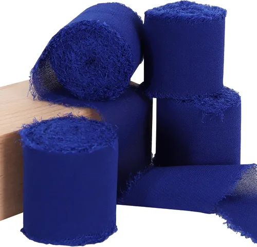 Vista 32 de TONIFUL 4 rollos de cinta de seda de gasa azul claro azul claro de 1-1/2 pulgadas, 22 yardas hechas a mano con flecos, juego de cintas de gasa