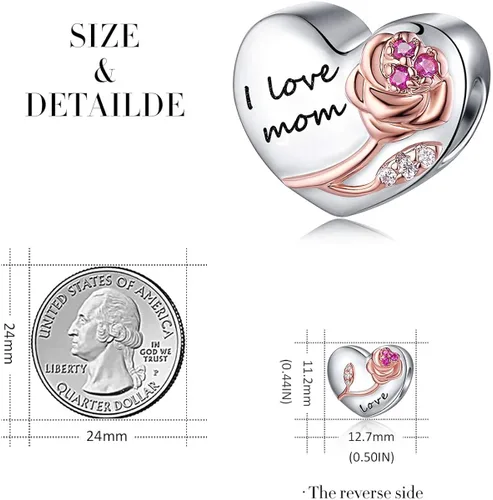Vista 3 de Dijes de plata de ley 925 con diseño de corazón con rosas 3D, cuentas para pulseras, collares, bodas, Día de San Valentín, Día de la Madre, regalo