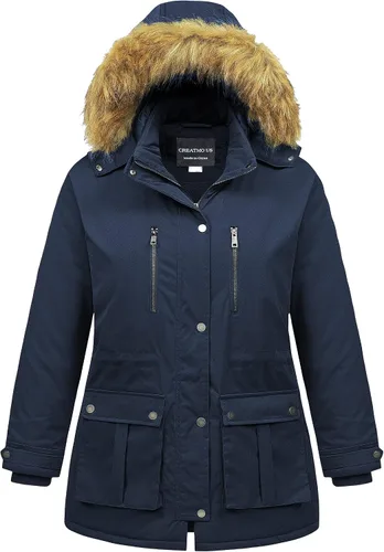 Vista 10 de CREATMO US Abrigo de invierno para mujer, talla grande, impermeable, chaqueta puffer larga, cálida, militar, gruesa, parka con capucha de piel Gris