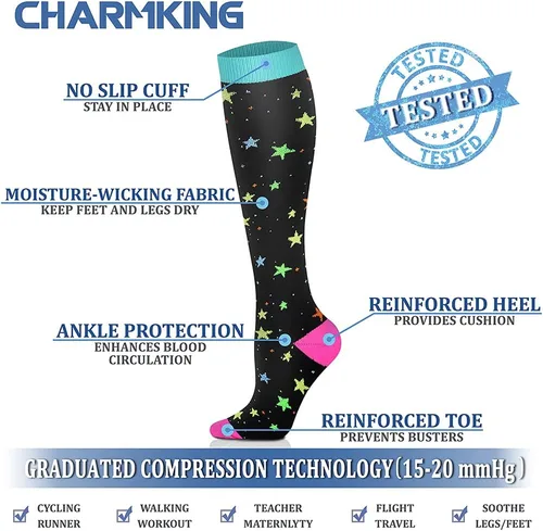 Vista 4 de CHARMKING 6 pares de calcetines de compresión para mujeres y hombres, el mejor apoyo para enfermeras, correr, atletismo, viajes de vuelo