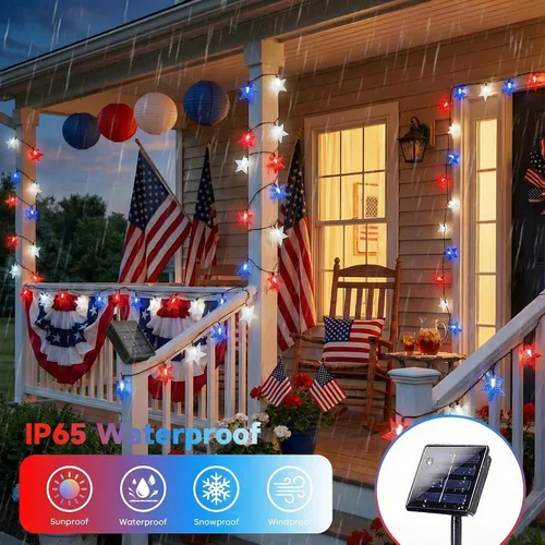 Vista 4 de Cadena de luces solares brillantes del 4 de julio para decoración al aire libre, luces de hadas impermeables de 39 pies, rojas, blancas y azules
