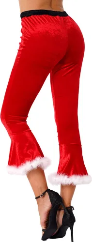 Vista 5 de Nikiikoo Disfraz de Sra. Santa Claus para mujer, de terciopelo suave y cálido, pantalones acampanados para Navidad, con ribete de piel sintética