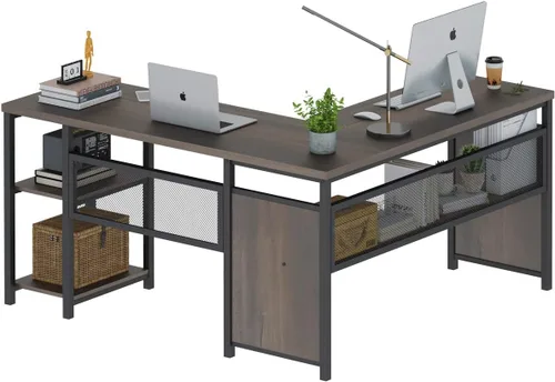 Vista 9 de FATORRI Escritorio para computadora en forma de L con estantes de madera, escritorio de esquina industrial rústico para oficina en casa con patas