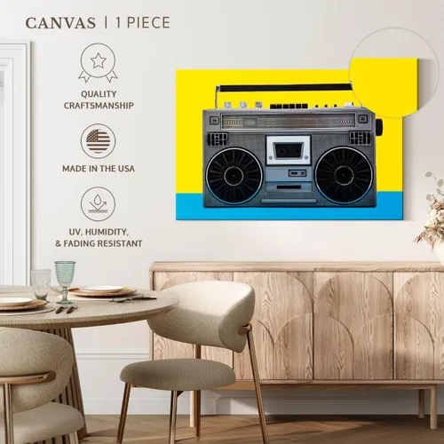 Vista 5 de ElephantStock - Retro Silver Boombox Wall Art - Horizontal Canvas Wall Art - Living Room Wall Decor - Photography Music Canvas Art - Yellow And