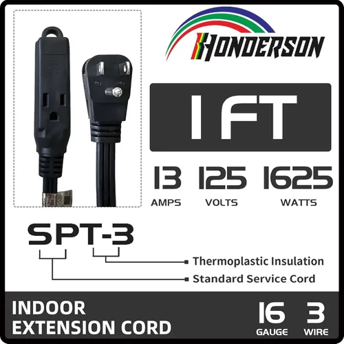 Vista 2 de Cable de extensión de enchufe plano de 3 tomas, certificado UL, cable de extensión para interiores de 16 calibre 1 pie negro de 3 puntas, tira