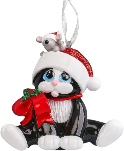 Vista 2 de Adorno personalizado 2024, gatito negro con ratón, adorno para árbol de Navidad, decoración personalizada artesanal, para amantes de las mascotas