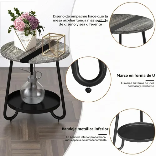 Vista 7 de Mesa de centro de 2 niveles para sala de estar, mesa de centro redonda de estilo industrial con bandeja de metal, mesa de centro pequeña de madera