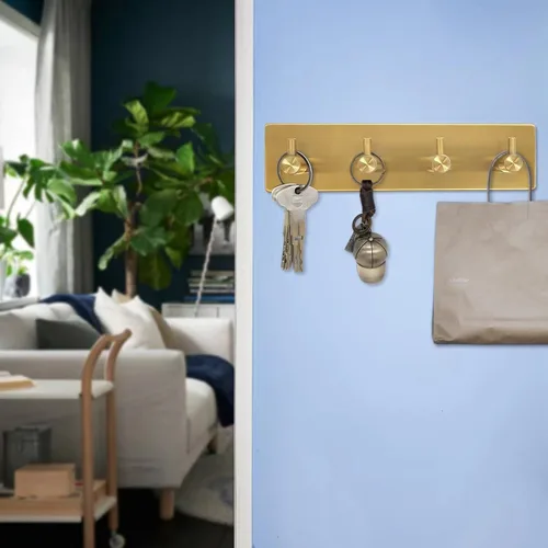 Vista 3 de Perchero autoadhesivo para llaves con 4 ganchos para llaves, máscaras, entrada de pared, colgador de pasillo, color dorado