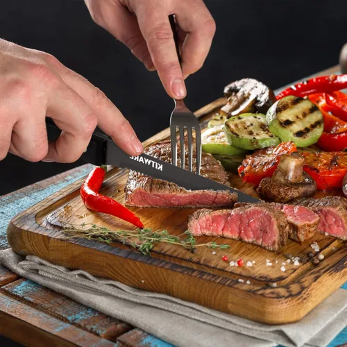 Vista 5 de Juego de 6 cuchillos negros para carne, juegos de carne afilados y dentados con caja de regalo, cubertería de mesa de acero inoxidable de 4.5