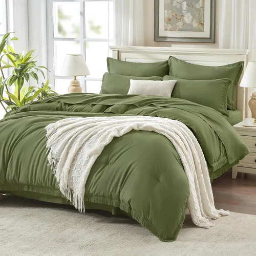 Vista 22 de Andency Juego de ropa de cama con edredón tamaño matrimonial beige con sábanas - 7 piezas, estilo bohemio con borlas, ropa de cama ligera en una 01