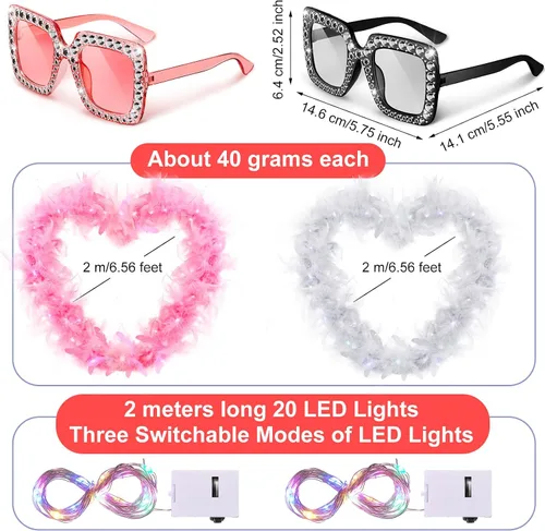 Vista 2 de 2 Pack LED Feather Boa Includes 2 Pcs Feather Boa 2 Pieces 20 LED String Lights and 2 Square Rhinestone Sunglasses for Party Wedding Dancing Costume