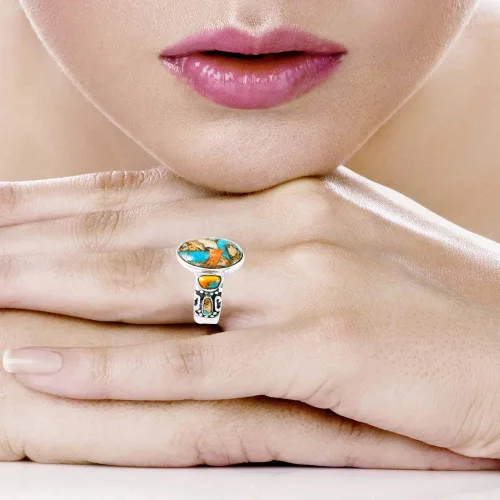 Vista 2 de Anillos de turquesa de plata de ley 925 y turquesa auténtica (SELECT COLOR)