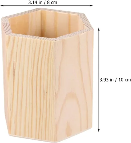 Vista 2 de Contenedor de almacenamiento de madera para bolígrafos y cepillos, organizador de tubo hexagonal, maceta sólida para oficina en casa para pintura