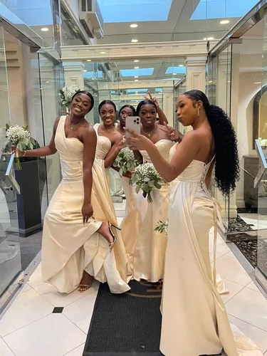 Vista 4 de Alikey Vestidos largos de dama de honor de sirena con un hombro descubierto, vestidos de fiesta de satén 2024 para mujer, vestidos de invitados