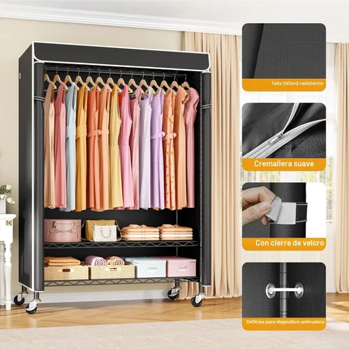 Vista 6 de ULIFHOME P6C Plus - Perchero Rodante con Cubierta, Perchero Cubierto Resistente, Armario Portátil para Colgar Ropa, Perchero con Ruedas, Perchero