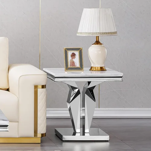 Vista 57 de SSLine Mesa de Centro Rectangular de Mármol Sintético para Sala de Estar, Mesa Central Moderna de Mármol Blanco de Lujo con Base Doble en Forma de U