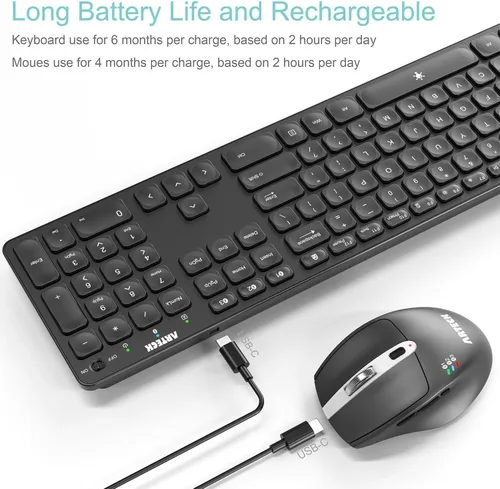 Vista 5 de Arteck Teclado y Ratón Bluetooth Universal Multidispositivo Teclado Bluetooth Inalámbrico de Tamaño Completo y Conjunto de Ratón Ergonómico