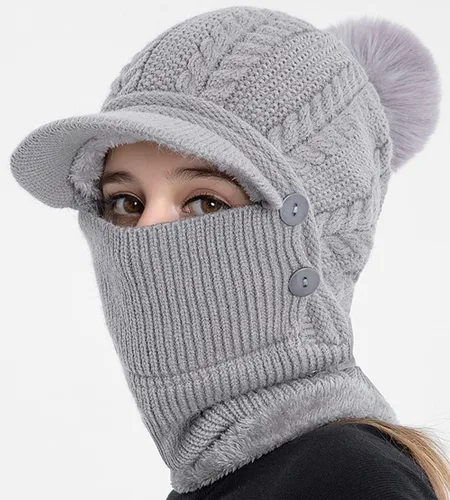 Vista 3 de Gorro de forro polar holgado de una pieza para mujer, bufanda cálida de invierno, gorro de punto grueso, gorro de esquí