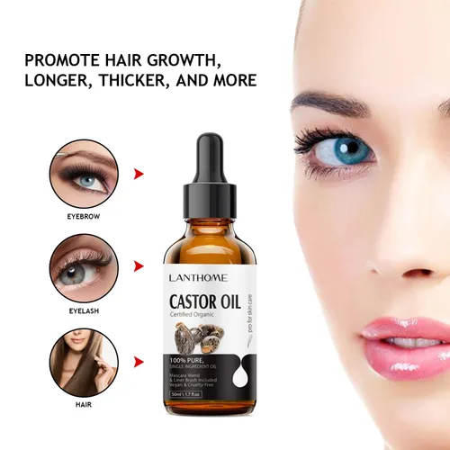 Vista 4 de Lanthome Aceite de ricino orgánico prensado en frío (1.7 onzas con kit de pestañas), aceite de ricino negro para pestañas, cejas y crema hidratante
