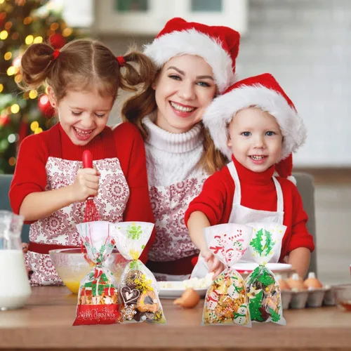 Vista 6 de VEYLIN 120 bolsas de celofán de Navidad, bolsas de dulces de celofán de Navidad con lazos para recuerdos de fiesta de vacaciones