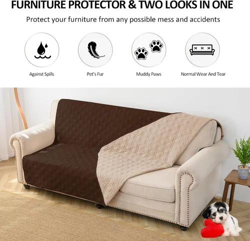 Vista 2 de Fundas impermeables para cama de perro para proteger el sofá, manta protectora de muebles para mascotas (82 x 120 pulgadas, chocolate + beige)