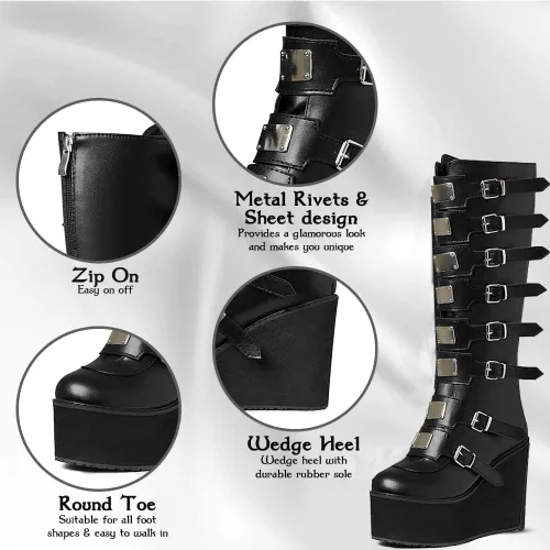 Vista 4 de AOSPHIRAYLIAN Botas góticas hasta la rodilla para mujer, tacón alto, para motocicleta, punk, combate, plataforma