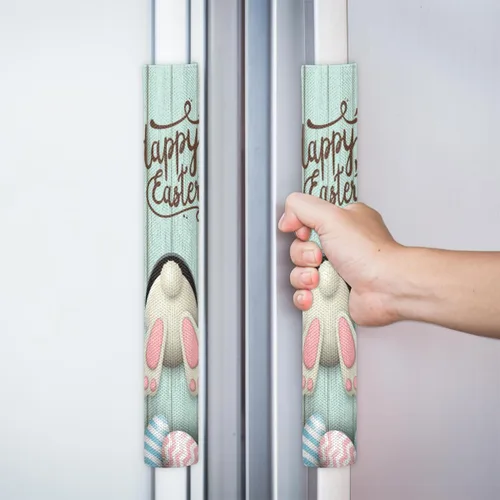Vista 6 de Pardick Juego de 2 fundas para mango de puerta de refrigerador de madera con diseño de conejito de Pascua y huevo, lavables, para nevera, Z02
