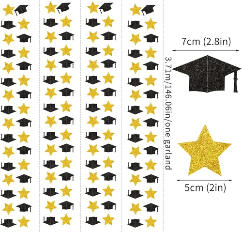Vista 3 de Guirnalda de Decoraciones de Fiesta de la Clase de Graduación 2026 Negro-Dorado - Banderines y Serpentinas de Sombrero de Graduado con Estrella