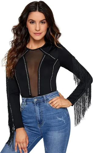 Vista 5 de SweatyRocks Body de malla transparente de manga larga con flecos y hombros descubiertos para mujer