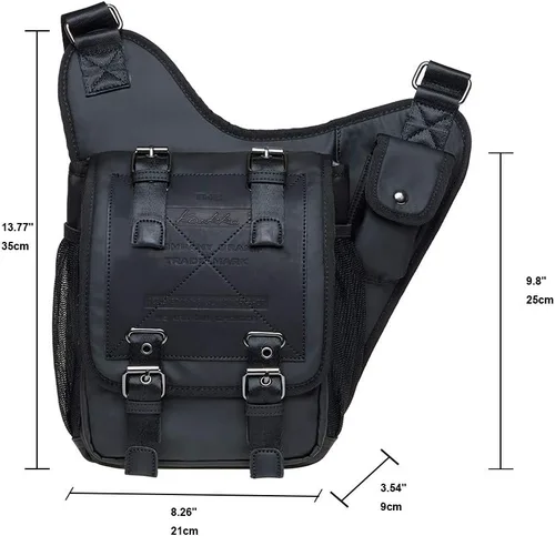 Vista 4 de Bolso de mensajero de lona vintage para hombre, bolso de mensajero de retazos de cuero en el pecho