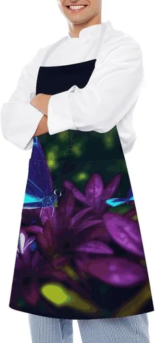 Vista 4 de MUSM Blue Purple Flower Butterfly Apron，Classic Vintage Funny with Pockets Aprons,Adjustable Bib Waterdrop Resistant for Kitchen Cooking Restaurant