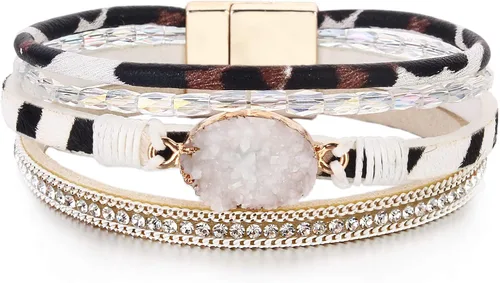 Vista 25 de FANCY SHINY - Pulsera de cuero estilo bohemio, pulsera de cuentas de cristal con cierre magnético, regalos de joyería para mujer