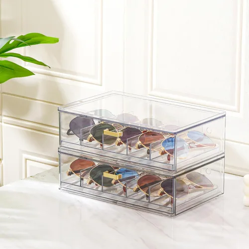Vista 7 de LALOBLUE Clear Acrylic Sunglasses Organizer, Stackable Eyeglass Storage Case with Gold Handles, Glasses Display Holder