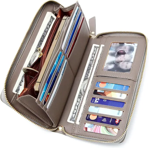 Vista 3 de GEEAD Billeteras para mujer de gran capacidad de piel sintética para tarjetas de crédito, Gris