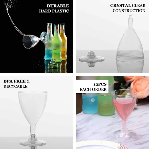 Vista 4 de Efavormart - Paquete de 12 copas de vino de plástico transparente de 6 onzas con tallo hueco; elegantes copas desechables de dos piezas con base