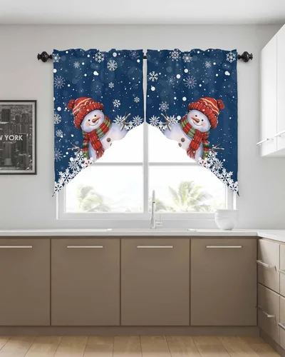 Vista 4 de BEMIGO Cortinas de cocina de Navidad, lindas cortinas de granja con muñeco de nieve azul, cenefa con bolsillo para barra de copos de nieve