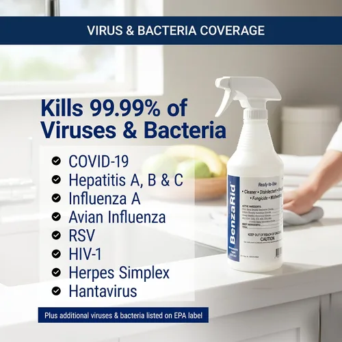 Vista 4 de BenzaRid Desinfectante y viruciida de grado hospitalario Mata el 99.99% de MRSA, H1N2, SARS, gripe aviar, patógenos transmitidos por la sangre